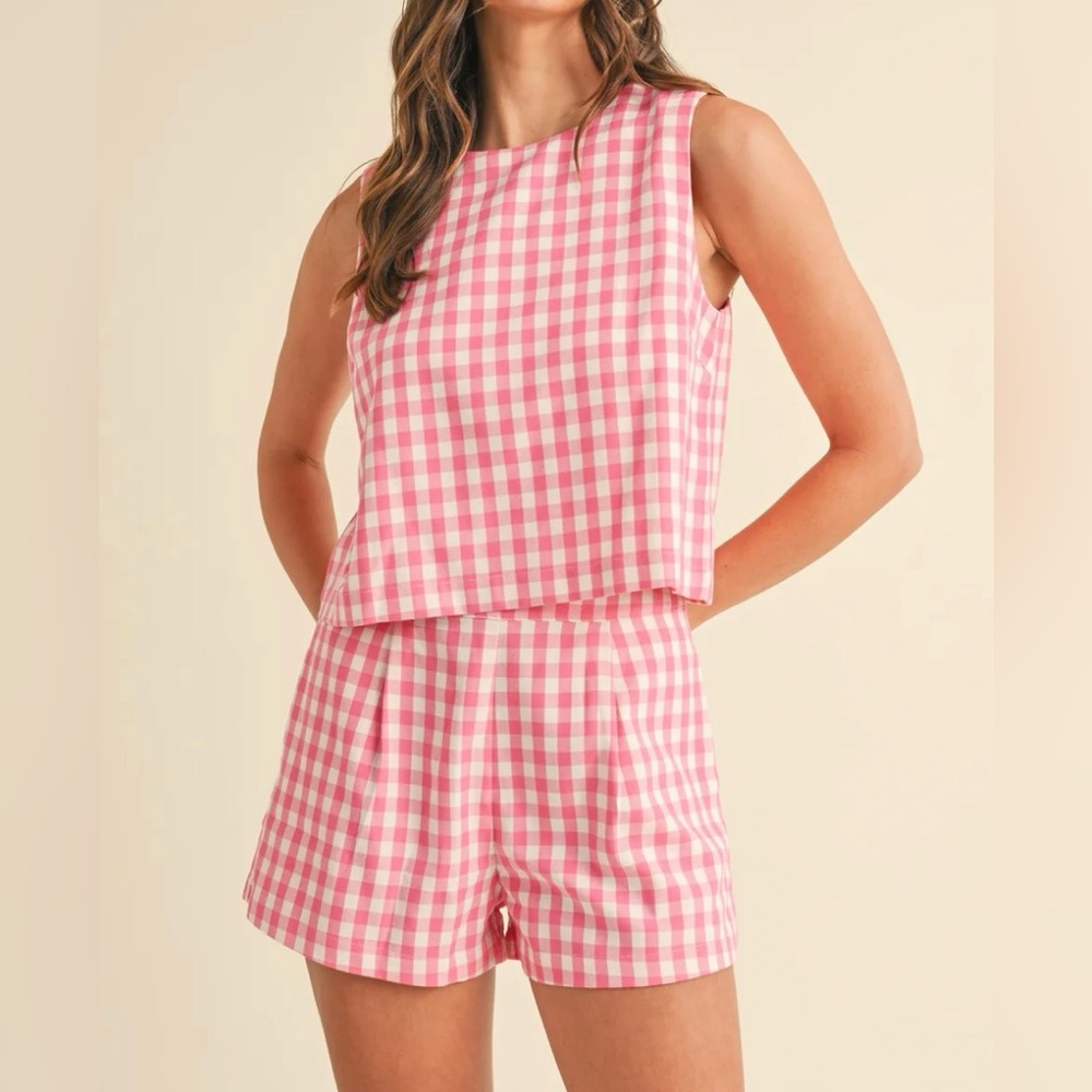 Pink Gingham Sleeveless Top and Shorts Set